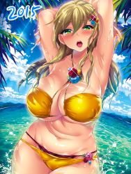 Rule 34 | 10s, 1girl, 2015, armpits, arms behind head, arms up, beach, bikini, blonde hair, blush, breasts, cleavage, day, female focus, green eyes, groin, hair ornament, kuon michiyoshi, large breasts, long hair, looking at viewer, navel, ocean, open mouth, original, palm tree, plump, purple bikini, solo, swimsuit, teeth, thick thighs, thighs, tongue, tree, wet, wide hips, yellow bikini