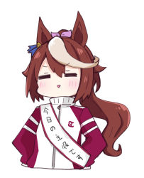 Rule 34 | 1girl, :&gt;, = =, animal ears, birthday sash, blush, brown hair, closed eyes, commentary request, cropped torso, facing viewer, hair between eyes, hair ribbon, hands on own hips, highres, horse ears, jacket, long hair, long sleeves, multicolored hair, nozo (hitomiz), parted lips, pink ribbon, ponytail, purple jacket, ribbon, sash, simple background, solo, streaked hair, tokai teio (umamusume), track jacket, translation request, triangle mouth, umamusume, upper body, very long hair, white background