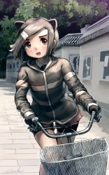 Rule 34 | 1girl, absurdres, animal ears, beaver ears, bicycle, bike shorts, bike shorts under shorts, black eyes, black gloves, commentary, day, eurasian beaver (kemono friends), extra ears, gloves, grey hair, hair ornament, hairclip, highres, jacket, kemono friends, looking at viewer, open mouth, outdoors, riding, riding bicycle, short hair, short shorts, shorts, solo, swept bangs, thigh gap, welt (kinsei koutenkyoku)