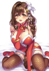 Rule 34 | 1girl, blush, boots, braid, breasts, brown eyes, brown hair, brown thighhighs, cleavage, elbow gloves, fishnet thighhighs, fishnets, flower, garter straps, gloves, hair flower, hair ornament, highres, kanpani girls, large breasts, long hair, looking at viewer, matching hair/eyes, md5 mismatch, mole, mole under eye, open mouth, red footwear, red gloves, resolution mismatch, revision, santa costume, senri gan, shirayuri sakura, simple background, sitting, smile, solo, source larger, thighhighs, wariza, white background