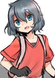 Rule 34 | 1girl, :d, backpack, bag, black gloves, black hair, blue eyes, commentary, gloves, hair between eyes, head tilt, highres, kaban (kemono friends), kemono friends, looking at viewer, mitorizu 02, no headwear, open mouth, red shirt, shirt, short hair, simple background, sketch, smile, solo, upper body, white background