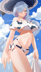 Rule 34 | 1girl, absurdres, bikini, blue eyes, blue hair, blue sky, braid, breast curtains, breasts, cloud, earrings, floral print, french braid, genshin impact, haerge, hair over one eye, hat, highres, jewelry, large breasts, light blue hair, long hair, looking at viewer, multi-strapped bikini, navel, off-shoulder bikini, off shoulder, shenhe (genshin impact), side-tie bikini bottom, sky, smile, solo, stomach, sun hat, swimsuit, thighs, very long hair, white bikini