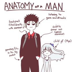 Rule 34 | 1boy, 1girl, :3, absurdres, anatomy of a gamer (meme), arrow (symbol), backpack, bag, black hair, black necktie, black pants, blunt bangs, blush stickers, c:, collared shirt, dress, english text, grey hair, haho, hands in pockets, headphones, height difference, highres, long hair, looking at viewer, meme, necktie, original, pants, red shirt, ryuu ga gotoku (series), shirt, sidelocks, simple background, size difference, smile, smug, sundress, v-shaped eyebrows, v arms, white background, white dress, wind