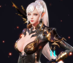 Rule 34 | 1girl, 3d, armor, breasts, cleavage cutout, clothing cutout, medium breasts, pointy ears, qq1216241707, self-upload, solo, upper body, white hair
