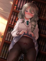 Rule 34 | 1girl, blue eyes, blush, clothes lift, green hair, highres, library, lifting own clothes, misobon, one eye closed, pantyhose, peeing, peeing self, princess connect!, school uniform, skirt, skirt lift, solo, tears, yuni (princess connect!), yuni (real) (princess connect!)