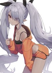 Rule 34 | 1girl, angry, blue archive, bow, camisole, dark-skinned female, dark skin, dolphin shorts, hair bow, highres, iori (blue archive), jacket, long hair, orange jacket, orange shorts, pointy ears, red eyes, short shorts, shorts, silver hair, simple background, solo, syhan, twintails, very long hair, white background