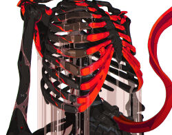 Rule 34 | 1other, black theme, bone, cable, cable tail, head out of frame, highres, mechanical tail, original, red theme, science fiction, simple background, skeleton, solo, spine, standing, tail, teru by m, tube, upper body, water, white background