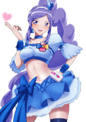 Rule 34 | 1girl, absurdres, aono miki, blue choker, blue eyes, blue skirt, bow, breasts, choker, cure berry, earrings, fresh precure!, hair ornament, hairband, heart, heart hair ornament, highres, jewelry, long hair, magical girl, midriff, navel, on kazu, ponytail, pouch, precure, purple eyes, purple hair, simple background, skirt, small breasts, smile, solo, thighhighs, white background