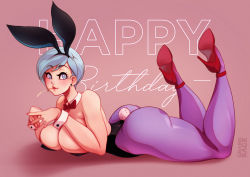 Rule 34 | 1girl, absurdres, animal ears, artist name, ass, bare shoulders, black leotard, blue eyes, blue hair, blue pantyhose, bow, bowtie, breasts, brown background, bulma, cleavage, closed mouth, collar, curvy, detached collar, dragon ball, dragon ball super, earrings, fake animal ears, female focus, full body, grand-sage, happy birthday, high heels, highleg, highleg leotard, highres, huge ass, jewelry, large breasts, leotard, lips, lying, matching hair/eyes, on stomach, pantyhose, playboy bunny, rabbit ears, rabbit tail, red footwear, red heels, shiny skin, short hair, simple background, solo, tail, wrist cuffs