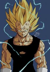 Rule 34 | 1boy, absurdres, artist name, biceps, black bodysuit, blonde hair, blue background, bodysuit, closed mouth, collarbone, commentary request, dragon ball, dragonball z, electricity, energy, gloves, green eyes, highres, looking at viewer, majin vegeta, male focus, muscular, muscular male, pectorals, scratches, seya (asasei 718), signature, simple background, sleeveless, sleeveless bodysuit, smile, smirk, solo, spiked hair, super saiyan, super saiyan 1, torn bodysuit, torn clothes, upper body, v-shaped eyebrows, vegeta, veins, white gloves, widow&#039;s peak