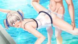 Rule 34 | 1boy, 1girl, arm support, ass, blue eyes, blush, breasts, clothed female nude male, clothed sex, clothing aside, frilled swimsuit, frills, game cg, hair ribbon, hetero, muscular, noriheita, nude, one-piece swimsuit, open mouth, pool, rape, ribbon, rinkai gakuen, scared, sex, short hair, silver hair, small breasts, split, spread legs, swimsuit, swimsuit aside, takamine yuuna, twintails, underwater sex, vaginal, water, wide-eyed