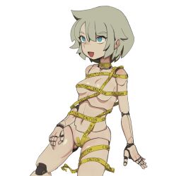 Rule 34 | 1girl, :d, android, blue eyes, breasts, caution tape, commentary, cowboy shot, deent (30390450), english commentary, grey hair, hair between eyes, hand on own leg, highres, joints, looking ahead, medium breasts, naked ribbon, navel, open mouth, original, ribbon, robot joints, short hair, simple background, smile, solo, tape, tape on pussy, white background