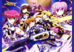 Rule 34 | 6+girls, absurdres, ahoge, aiming, aiming at viewer, amitie florian, armor, artist name, bardiche (nanoha), bardiche (zanber form) (nanoha), bare legs, bare shoulders, black bodysuit, black dress, black footwear, black gloves, black jacket, black legwear, black ribbon, black wings, blonde hair, blue eyes, bodysuit, bow, bracelet, braid, braided ponytail, breastplate, breasts, brown hair, brown legwear, cape, choker, collarbone, dress, elbow gloves, energy sword, eyes visible through hair, fate testarossa, fate testarossa (blaze form ii), fingerless gloves, floating, flower, framed image, fujima takuya, gauntlets, gloves, green eyes, gun, hair between eyes, hair bow, hair flower, hair ornament, hair ribbon, half-closed eyes, hat, highres, holding, holding gun, holding sword, holding weapon, iris (nanoha), jacket, jewelry, juliet sleeves, kyrie florian, light brown hair, long hair, long sleeves, looking at viewer, lyrical nanoha, mahou shoujo lyrical nanoha, mahou shoujo lyrical nanoha the movie 3rd: reflection, multicolored cape, multicolored clothes, multicolored dress, multicolored jacket, multiple girls, neon trim, official art, open mouth, outstretched arms, overskirt, pantyhose, parted lips, pink bodysuit, pink bow, pink choker, pink dress, pink hair, pink skirt, planet, puffy sleeves, purple eyes, raising heart, red cape, red eyes, red hair, ribbon, sad, scan, schwertkreuz, short dress, short hair, short sleeves, short twintails, shoulder pads, side ponytail, single braid, skirt, sky, sleeveless, sleeveless dress, small breasts, spread arms, star (sky), starry sky, striped clothes, striped legwear, striped thighhighs, sword, takamachi nanoha, takamachi nanoha (fortress mode), thighhighs, twintails, variant zapper, weapon, white cape, white dress, white flower, white hat, white jacket, white ribbon, wings, x hair ornament, yagami hayate, zettai ryouiki
