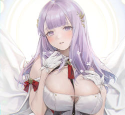 Rule 34 | 1girl, azur lane, between breasts, blunt bangs, breasts, cleavage, douya (233), gloves, halo, large breasts, light purple hair, long hair, looking at viewer, open mouth, plymouth (azur lane), purple eyes, red ribbon, ribbon, solo, upper body, white gloves