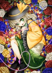 Rule 34 | 1girl, black footwear, black hat, blouse, blue flower, blue rose, bow, bright pupils, cardiogram, fetal position, floral print, flower, from side, full body, green eyes, green skirt, hat, hat bow, heart, heart of string, highres, komeiji koishi, long sleeves, looking at viewer, lying, on side, petals, red flower, red rose, rose, rose petals, shirt, shoes, silver hair, skirt, smile, solo, suna (s73d), third eye, touhou, white flower, white rose, wide sleeves, yellow bow, yellow flower, yellow rose, yellow shirt