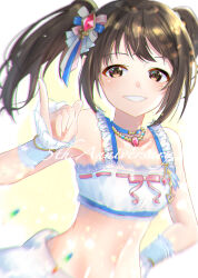 Rule 34 | 1girl, absurdres, alternate hairstyle, anniversary, artist request, bare shoulders, black hair, breasts, brown eyes, clenched hands, clenched teeth, collarbone, crop top, dancing, detached sleeves, english text, eyelashes, female focus, hair ornament, hand on own hip, happy, highres, idol, idolmaster, idolmaster cinderella girls, jewelry, light particles, long hair, looking at viewer, medium breasts, midriff, nakano yuka, namco, navel, neck, necklace, official alternate hairstyle, parted lips, pearl necklace, pinky out, profile, sidelocks, sleeveless, smile, standing, swept bangs, teeth, twintails