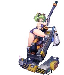 Rule 34 | 1girl, absurdres, armored collar, ass, back, blue footwear, blue one-piece swimsuit, blush, boots, breasts, bucket, bucket of water, c.honey, cannon, cleaning, english text, fang, from behind, full body, game cg, gloves, green eyes, green hair, groin tendon, hair between eyes, handprint, headset, high heel boots, high heels, high voltage symbol, highres, holding rag, huge weapon, jacket, knee boots, last origin, leg up, lever, looking at viewer, looking back, medium breasts, mole, mole on thigh, mole under eye, official alternate costume, official art, one-piece swimsuit, open mouth, phoenix (last origin), rag, scratches, sexually suggestive, short hair, short twintails, shoulder blades, simple background, smile, solo, sponge, swimsuit, tachi-e, third-party source, transparent background, twintails, underboob, unworn jacket, weapon, white gloves, white jacket