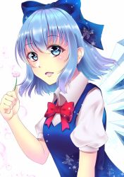 Rule 34 | 1girl, blue bow, blue dress, blue eyes, blue hair, blush, bow, bowtie, breasts, bug, butterfly, cirno, commentary request, dress, flower, hair between eyes, hair bow, hand up, highres, holding, holding flower, ice, ice wings, insect, looking at viewer, open mouth, pinafore dress, pink flower, puffy short sleeves, puffy sleeves, red bow, red bowtie, shirt, short hair, short sleeves, sidelocks, simple background, sleeveless dress, small breasts, solo, sparkle, tachiaoi (r1921l), touhou, upper body, white background, white shirt, wing collar, wings