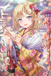 Rule 34 | 1girl, :d, architecture, blonde hair, blue eyes, blush, breasts, butterfly ornament, cherry blossoms, chromatic aberration, commentary request, east asian architecture, floral print, flower, hair flower, hair ornament, highres, holding, holding paper, hololive, hololive english, japanese clothes, kimono, light rays, looking at viewer, magnifying glass, ofuda, open mouth, outdoors, paper, short hair, small breasts, smile, solo, sunlight, torino aqua, upper body, virtual youtuber, watson amelia, wide sleeves