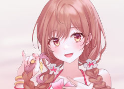 Rule 34 | 1girl, :d, bare shoulders, blush, braid, brown hair, collarbone, flower, grey background, hair flower, hair ornament, hands up, long hair, looking at viewer, miyama suzune, open mouth, pink hair, portrait, red eyes, selection project, simple background, smile, solo, teeth, tokkyu, twin braids, upper body, upper teeth only