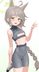 Rule 34 | 1girl, absurdres, ahoge, animal ears, bike shorts, blue archive, blush, braid, breasts, cowboy shot, fox ears, green eyes, green halo, grey hair, grey shorts, halo, highres, long hair, looking at viewer, open mouth, otogi (blue archive), shorts, single braid, small breasts, solo, very long hair, whoning1