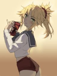 Rule 34 | 1girl, :&gt;, absurdres, blonde hair, blush, braid, eating, fate/apocrypha, fate (series), food, food in mouth, from side, green eyes, hair ornament, hair scrunchie, highres, holding, holding food, long hair, long sleeves, looking at viewer, mordred (fate), mordred (fate/apocrypha), mordred (swimsuit rider) (second ascension) (fate), pocky, ponytail, red scrunchie, red shorts, school uniform, scrunchie, serafuku, shorts, simple background, smile, solo, tonee, two-tone background