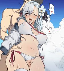 Rule 34 | 1boy, 1girl, asymmetrical bangs, bare shoulders, bikini, bikini bottom aside, black ribbon, blue sky, blush, breasts, clothed female nude male, clothing aside, cloud, covered erect nipples, day, drooling, flower, fxgnhtc7ed7nr6d, girls&#039; frontline, hair flower, hair ornament, hair ribbon, heart, hetero, highres, large breasts, long hair, muscular, navel, nude, official alternate costume, one eye closed, open mouth, outdoors, penis, pussy, pussy juice, red eyes, ribbon, saliva, sex, short hair, side-tie bikini bottom, silver hair, sky, spas-12 (girls&#039; frontline), spas-12 (midsummer fruit) (girls&#039; frontline), spoken heart, standing, standing sex, stomach, sweat, swimsuit, tearing up, trembling, twintails, uncensored, white bikini