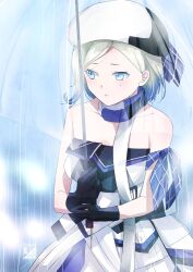 Rule 34 | 1girl, bare shoulders, beret, black gloves, black pantyhose, blonde hair, blue hair, cowboy shot, dress, gloves, gradient hair, hat, jean bart (kancolle), kantai collection, kimura shiki, mole, mole under eye, multicolored clothes, multicolored hair, multicolored scarf, off-shoulder dress, off shoulder, one-hour drawing challenge, pantyhose, parted lips, purple eyes, rain, scarf, short hair, simple background, solo, standing, strapless, strapless dress, two-tone dress, umbrella, white background, white dress, white hat