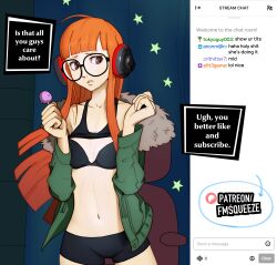 Rule 34 | 1girl, absurdres, ahoge, annoyed, behind-the-head headphones, black-framed eyewear, black bra, black shorts, black tank top, bra, breasts, brown eyes, candy, chair, chat log, clothes lift, curtains, english text, fake screenshot, fmsqueeze, food, fur-trimmed jacket, fur trim, furrowed brow, glasses, green jacket, hands up, headphones, highres, holding, holding candy, holding food, holding lollipop, jacket, lifting own clothes, livestream, lollipop, looking at viewer, navel, open clothes, open jacket, orange hair, parted lips, patreon username, persona, persona 5, profanity, round eyewear, sakura futaba, shirt lift, short shorts, shorts, small breasts, solo, speech bubble, standing, star (symbol), star print, stomach, tank top, underwear, undressing
