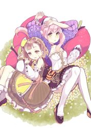 Rule 34 | 10s, 2girls, :o, arms up, atelier (series), atelier escha &amp; logy, bad id, bad pixiv id, blush, bracelet, brown hair, choker, detached sleeves, dress, escha malier, female focus, flower, green dress, green eyes, hair ornament, hairclip, hat, highres, jewelry, long hair, long sleeves, lucille ernella, lying, multiple girls, on back, pink hair, shoes, short hair, skirt, striped clothes, striped dress, thighhighs, twintails, wankoo-mikami, white legwear, yellow eyes