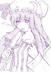 Rule 34 | 1girl, ;p, coat, collar tug, collarbone, crescent, d:, dress, etogami kazuya, female focus, food, hat, hot, long hair, monochrome, one eye closed, open mouth, patchouli knowledge, popsicle, purple theme, sketch, solo, tongue, tongue out, touhou, upper body, very long hair