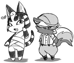 Rule 34 | 1boy, 1girl, :3, animal crossing, animal ears, animal hands, animal nose, ankha (animal crossing), arm at side, bandages, blunt bangs, blush, bob cut, bottomless, cabbie hat, cat ears, cat girl, cat tail, egyptian clothes, fang, flat chest, flying sweatdrops, furry, furry female, furry male, greyscale, hair ornament, hand on own hip, hand up, happy, hat, heart, kicks (animal crossing), light blush, looking at viewer, monochrome, negoya, nintendo, open mouth, pawpads, puffy pants, shirt, short hair, short sleeves, sidelocks, sketch, skunk boy, skunk tail, sleeveless, sleeveless shirt, smile, snake hair ornament, snout, striped tail, suspenders, swept bangs, tail