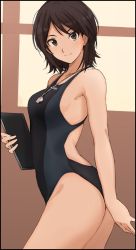 Rule 34 | 1girl, amagami, back, bad id, bad twitter id, bare arms, black eyes, black hair, black one-piece swimsuit, breasts, closed mouth, competition school swimsuit, competition swimsuit, cowboy shot, hair between eyes, highleg, highleg swimsuit, looking at viewer, medium breasts, mobu, notebook, one-piece swimsuit, parted bangs, school swimsuit, short hair, simple background, smile, solo, standing, swimsuit, takahashi maya, thighs, whistle, whistle around neck