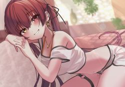 Rule 34 | 1girl, absurdres, arm up, bikini, bikini under clothes, black ribbon, blurry, blurry background, blush, commentary request, couch, crop top, earrings, from side, hair ribbon, heterochromia, highres, hololive, houshou marine, houshou marine (summer), indoors, jewelry, leaning forward, lens flare, looking at viewer, navel, necklace, o-ring, o-ring thigh strap, off shoulder, own hands together, red eyes, ribbon, see-through, see-through shirt, short shorts, shorts, sidelocks, smile, solo, swimsuit, teeth, thigh strap, thighs, twintails, virtual youtuber, yellow eyes, yoshioka pochi