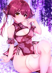 Rule 34 | 1girl, absurdres, alternate costume, arm support, arm up, blurry, blurry background, breasts, china dress, chinese clothes, cleavage, cleavage cutout, clothing cutout, commentary request, crossed legs, detached sleeves, dress, expressionless, feet out of frame, floral print, flower, hair ribbon, harukasu (mememememo), heterochromia, highres, hololive, houshou marine, huge filesize, large breasts, no panties, petals, red eyes, red hair, ribbon, short hair, sitting, solo, thighhighs, thighs, two side up, very short hair, virtual youtuber, white thighhighs, wide hips, wisteria, yellow eyes