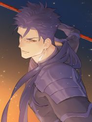Rule 34 | 1boy, armor, beads, blue hair, closed mouth, cu chulainn (fate), cu chulainn (fate/stay night), dareka 25, earrings, fate/stay night, fate (series), floating hair, gae bolg (fate), grin, hair beads, hair ornament, highres, holding, holding polearm, holding weapon, jewelry, long hair, looking at viewer, male focus, muscular, muscular male, pauldrons, polearm, ponytail, red eyes, shoulder armor, skin tight, slit pupils, smile, solo, spiked hair, weapon