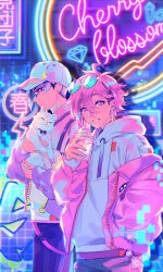 Rule 34 | 2boys, animal, artist request, blue hair, candy, carrying, cat, closed eyes, cup, cygames, diamond (shape), english text, food, glass, glasses, glasses on head, graffiti, hand on pocket, hat, jacket, looking at viewer, multiple boys, neon lights, pink hair, short hair, smile, source request, straw