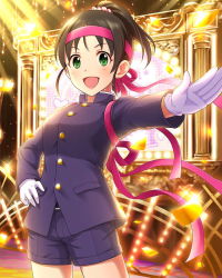 Rule 34 | 1girl, artist request, belt, black hair, blush, gakuran, gloves, green eyes, hand on own hip, harada miyo, headband, idolmaster, idolmaster cinderella girls, looking at viewer, official art, open mouth, outstretched hand, ponytail, ribbon, school uniform, shorts, smile, solo, stage, sweat, white gloves