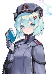 Rule 34 | 1girl, absurdres, animal ear fluff, animal ears, aqua hair, blue archive, blue eyes, blush, breasts, closed mouth, gloves, grey hat, hair between eyes, hair ornament, hairclip, halo, hat, highres, hip flask, holding, looking at viewer, medium breasts, purple eyes, scarlet23i0, shigure (blue archive), short hair, simple background, solo, upper body, weasel ears, weasel girl, white background