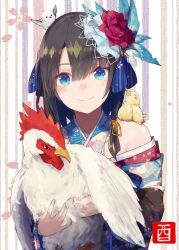 Rule 34 | 1girl, animal, animal on head, bare shoulders, bird, black hair, blue eyes, chicken, chinese zodiac, flower, hair flower, hair ornament, japanese clothes, looking at viewer, makihitsuji, new year, on head, original, rooster, short hair, smile, solo, year of the rooster