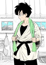 Rule 34 | 1girl, black bodysuit, black hair, black sash, bodysuit, commentary, dragon ball, dragonball z, english commentary, highres, jacket, open mouth, partially colored, profile, sash, short hair, solo, standing, sweat, towel, towel around neck, videl, y naf