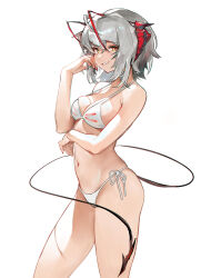 Rule 34 | 1girl, :d, absurdres, arknights, arm across waist, bare shoulders, bikini, breasts, cleavage, commentary, cowboy shot, demon girl, demon horns, demon tail, grey hair, grin, hand up, highres, horns, looking at viewer, medium breasts, multicolored hair, open mouth, orange eyes, parted lips, red hair, ribbon, rui (woyoudabing rui), short hair, side-tie bikini bottom, simple background, smile, solo, swimsuit, tail, two-tone hair, w (arknights), white background, white bikini, white ribbon