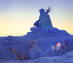 Rule 34 | 1girl, 2boys, blonde hair, cape, dragon quest, dragon quest ii, closed eyes, fantasy, glowing, goggles, goggles on head, goggles on headwear, head scarf, indian style, long hair, multiple boys, prince of lorasia, prince of samantoria, princess of moonbrook, robe, sack, sitting, sleeping, staff, sword, weapon, yuza