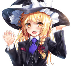 Rule 34 | 1girl, :d, alternate costume, ascot, black hat, black jacket, black vest, blonde hair, blue neckwear, bow, braid, breasts, commentary request, fang, formal, hair ribbon, hat, hat bow, jacket, kaeranu kaeru, kirisame marisa, long hair, looking at viewer, necktie, open mouth, red ribbon, ribbon, side braid, simple background, single braid, small breasts, smile, solo, suit, suit jacket, touhou, tress ribbon, upper body, v-shaped eyebrows, vest, white background, white bow, witch hat, yellow eyes