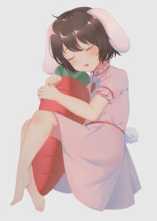 Rule 34 | 1girl, animal ears, bare legs, barefoot, black hair, blush, carrot, carrot necklace, closed eyes, dress, fat123, floppy ears, highres, inaba tewi, jewelry, necklace, parted lips, pink dress, puffy short sleeves, puffy sleeves, rabbit ears, rabbit tail, short hair, short sleeves, simple background, sleeping, solo, tail, toes, touhou, white background