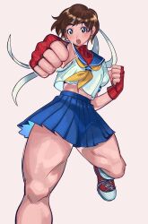 Rule 34 | 1girl, absurdres, ao clover, blue sailor collar, blue skirt, breasts, brown eyes, brown hair, clenched hands, commentary, crop top, fighting stance, fingerless gloves, foot out of frame, gloves, headband, highres, kasugano sakura, medium breasts, midriff, neckerchief, open mouth, pleated skirt, puffy short sleeves, puffy sleeves, red footwear, red gloves, sailor collar, school uniform, shirt, shoes, short sleeves, skirt, sneakers, solo, street fighter, thighs, white headband, white shirt, yellow neckerchief