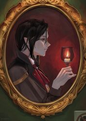 Rule 34 | 1boy, absurdres, ascot, bishounen, black hair, brown coat, brown eyes, candle, closed mouth, coat, cup, drinking glass, eyelashes, faux traditional media, highres, holding, holding cup, long hair, long sleeves, male focus, monocle, museum, nijisanji, picture frame, pointy ears, profile, red ascot, shellin burgundy, shirt, signature, solo, tebeneme3, vest, virtual youtuber, white shirt, wine glass