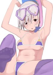 Rule 34 | 1girl, armpits, arms up, bad id, bad twitter id, bikini, breasts, brown eyes, diving mask, diving mask on head, goggles, goggles on head, grey hair, highres, holding, iwadamai, looking at viewer, medium breasts, micro bikini, navel, open mouth, original, purple thighhighs, short hair, sideboob, simple background, snorkel, solo, swimsuit, thighhighs, underboob, white background