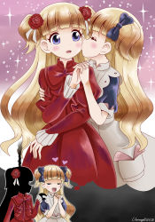 Rule 34 | 2girls, apron, artist name, blonde hair, blue eyes, blush stickers, bow, commentary, dated, dress, emilico (shadows house), closed eyes, flower, hair bow, hair flower, hair ornament, holding hands, heart, highres, humanization, imagining, interlocked fingers, kate (shadows house), kiss, kissing cheek, long hair, look-alike, maid, maid apron, multiple girls, open mouth, red dress, shadow (shadows house), shadows house, simple background, smile, sparkle, variangel, yuri