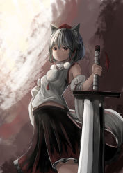 Rule 34 | 1girl, animal ears, arched back, armpits, bad id, bad pixiv id, blurry, depth of field, detached sleeves, frown, hat, highres, inubashiri momiji, looking at viewer, midriff peek, outdoors, red eyes, red skirt, short hair, silver hair, skirt, solo, sword, tokin hat, touhou, weapon, wolf ears, yukitourou